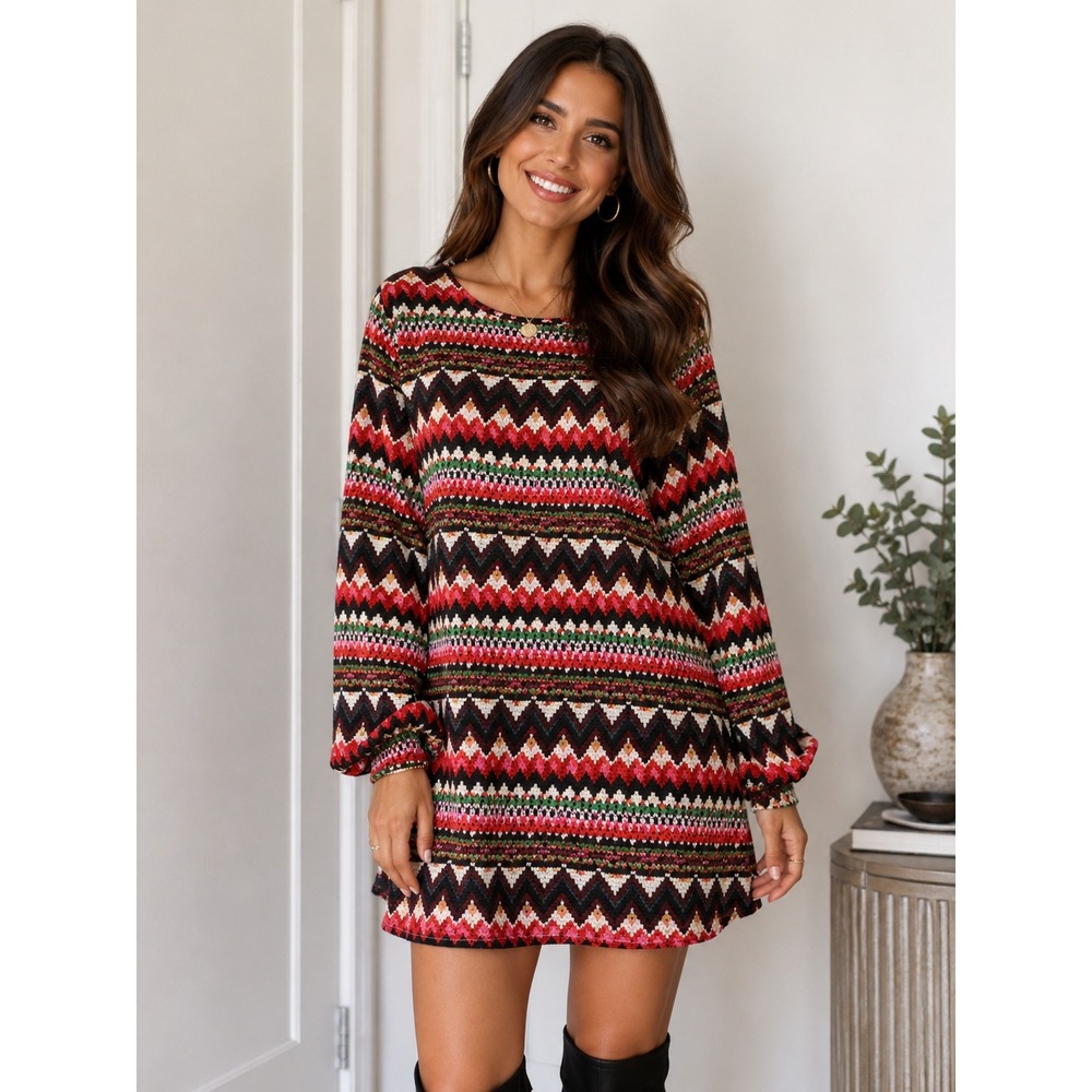 Honey Punch Womens Multi Color Chevron‎ Geometric Print Long Sleeve Shift Dress